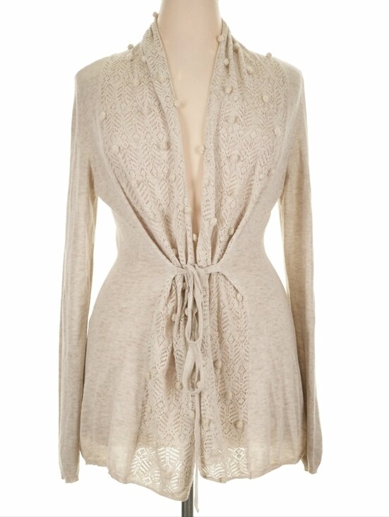 Knitted & Knotted Sweaters - Knitted & Knotted For Anthropologie Open Crochet Cardigan Selt Tie Otmeal XL